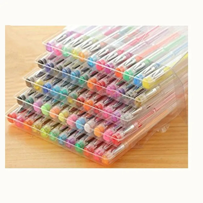 100 colour gel pen set with watercolour effects and highlighter pens in plastic barrels