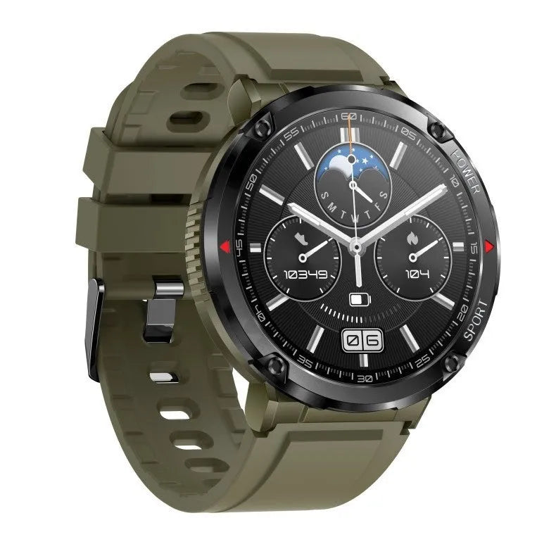 T30 smart watch with a black silicone strap on a wrist, showing a home screen with time and health metrics.