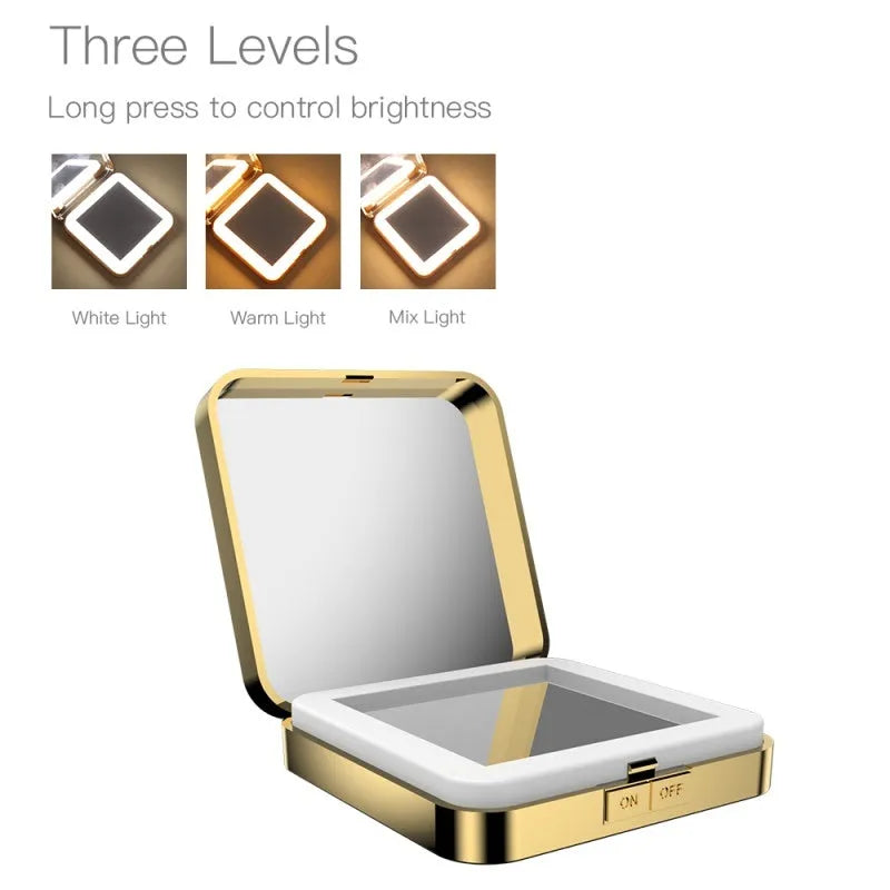 Black and white lighted vanity makeup mirror showing dual-sided design with magnification and adjustable colour temperature dial.