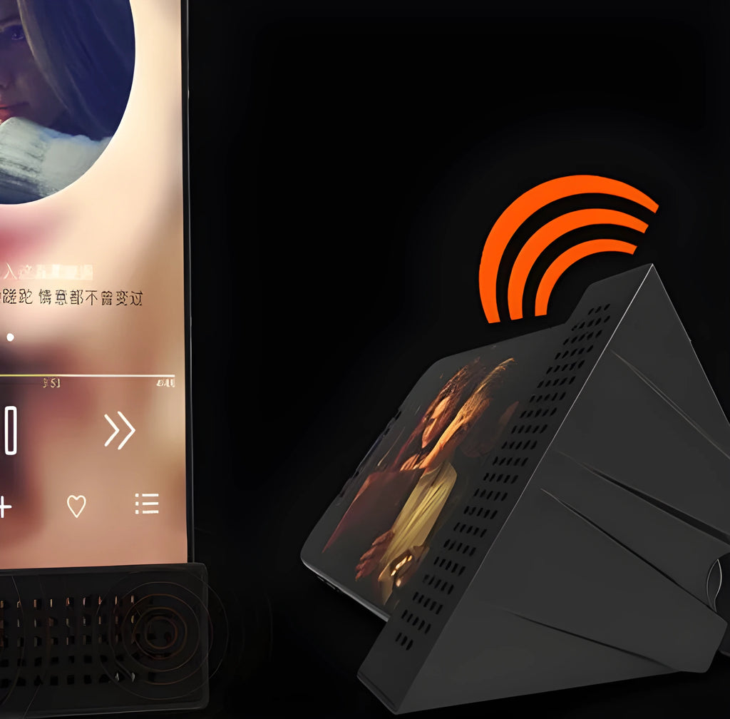 Mini portable phone amplifier stand in four colours compatible with iPhone and smartphones 6-10mm thick