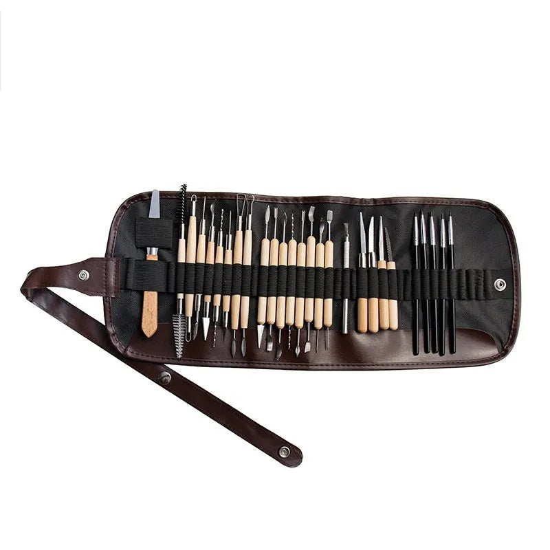 Brown 27-piece pottery clay sculpting tool set with wooden handles and stainless steel ends, includes storage bag.