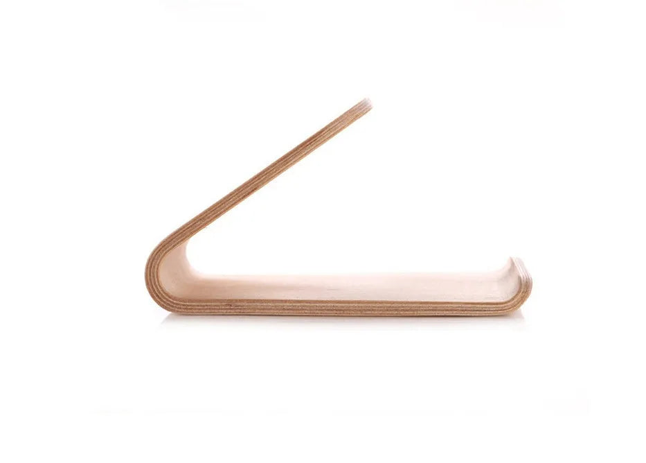 Wooden phone stand in walnut brown and white maple holding an iPhone upright on a desk.