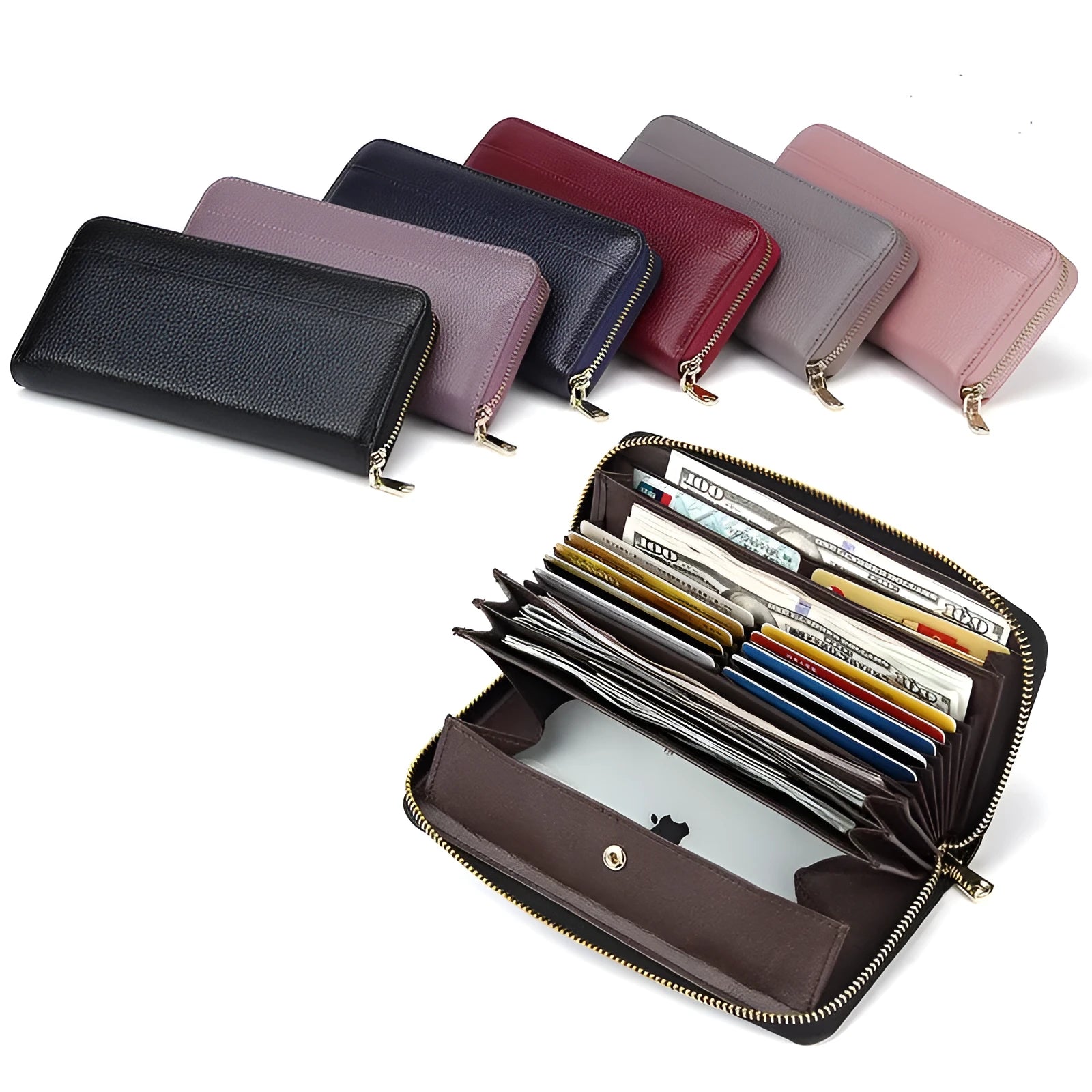 Genuine leather women's wallet in various colours showing high capacity design with anti-theft card protection