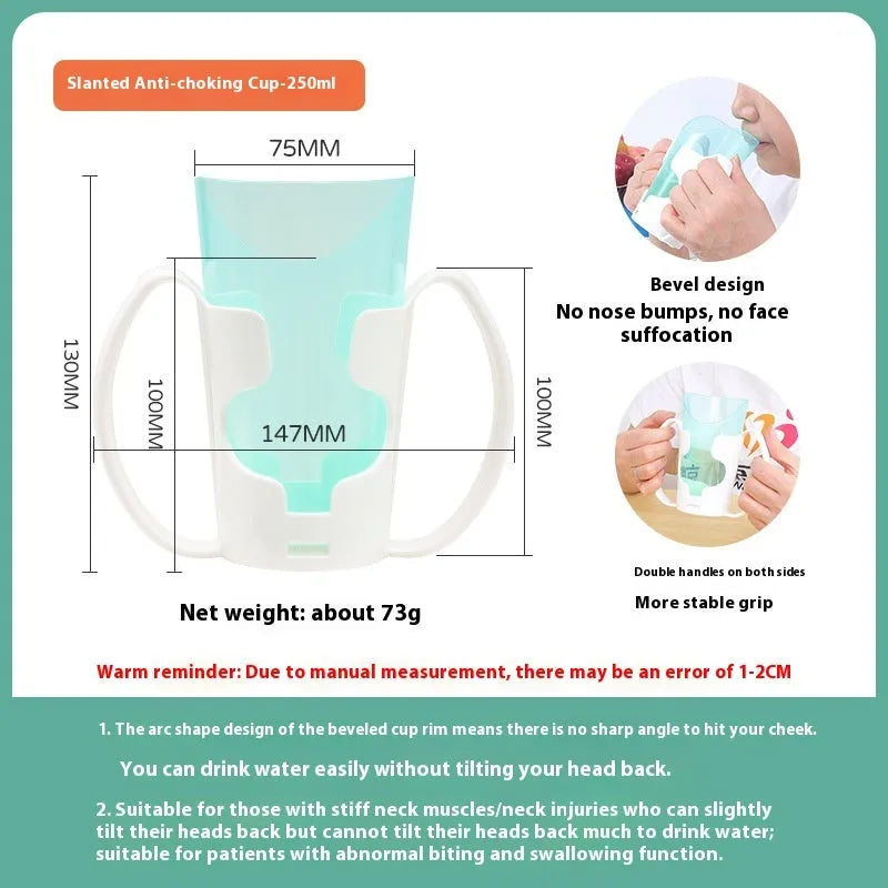 Oblique mouth anti-choke drinking cup with handle and lid for bedridden patients