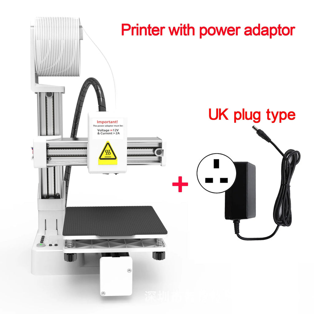 White EasyThreed K10 entry-level 3D printer on a desk, showing its compact size and build plate.