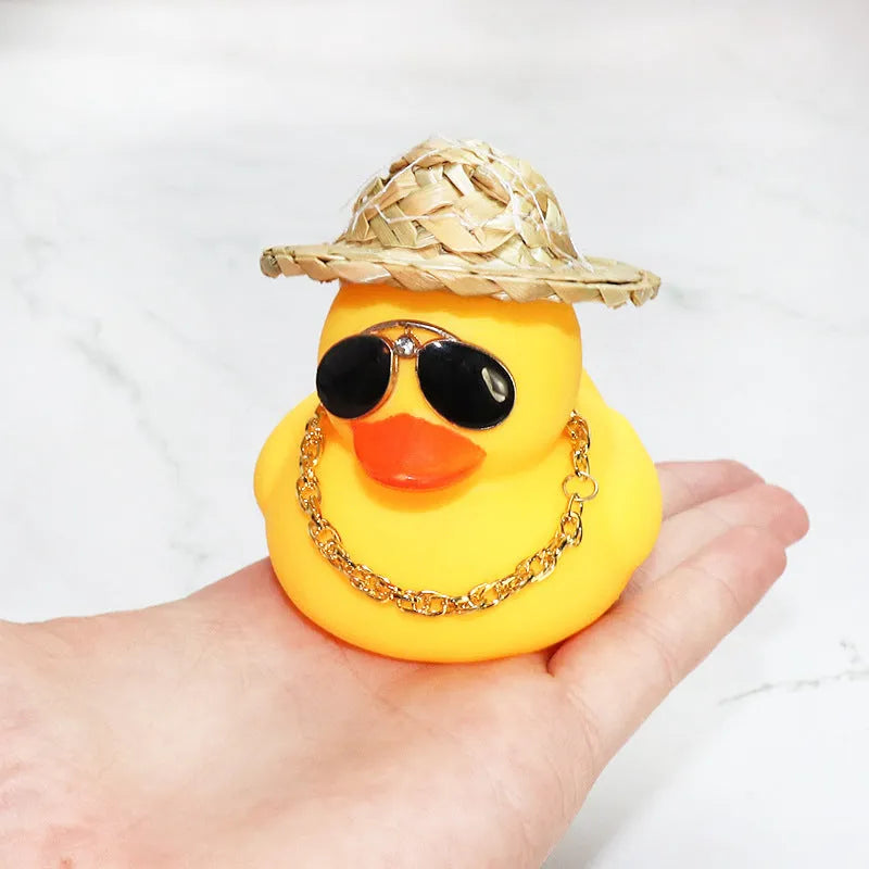 Cartoon straw hat yellow duck car dashboard ornament with sunglasses accessory on base