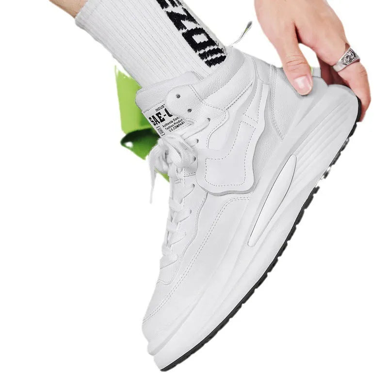 Men's black and white high-top platform board shoes with a round toe.