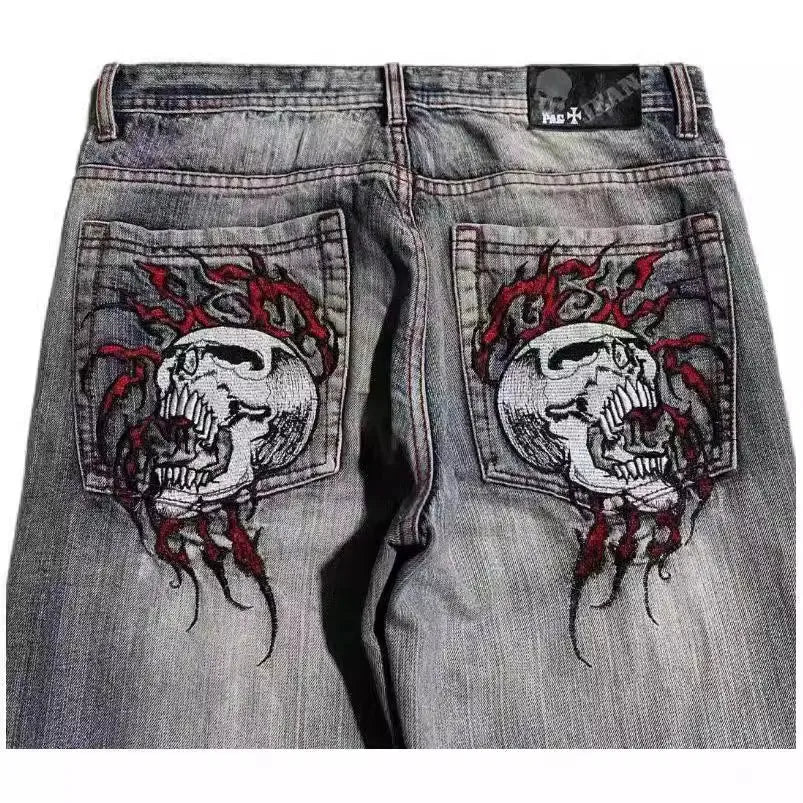 Men's grey retro washed-out jeans with wide-leg workwear design and straight-leg styling