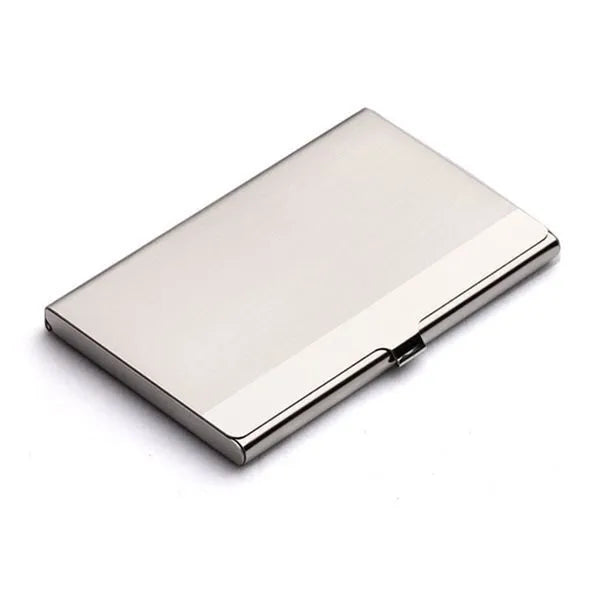Geometric stainless steel business card case with brushed and mirrored finishes.