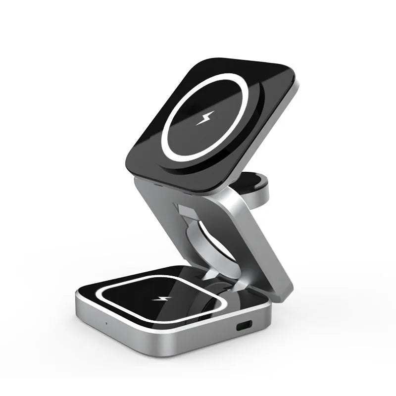 Folding three-in-one desktop wireless charging bracket with cable and magnetic ring