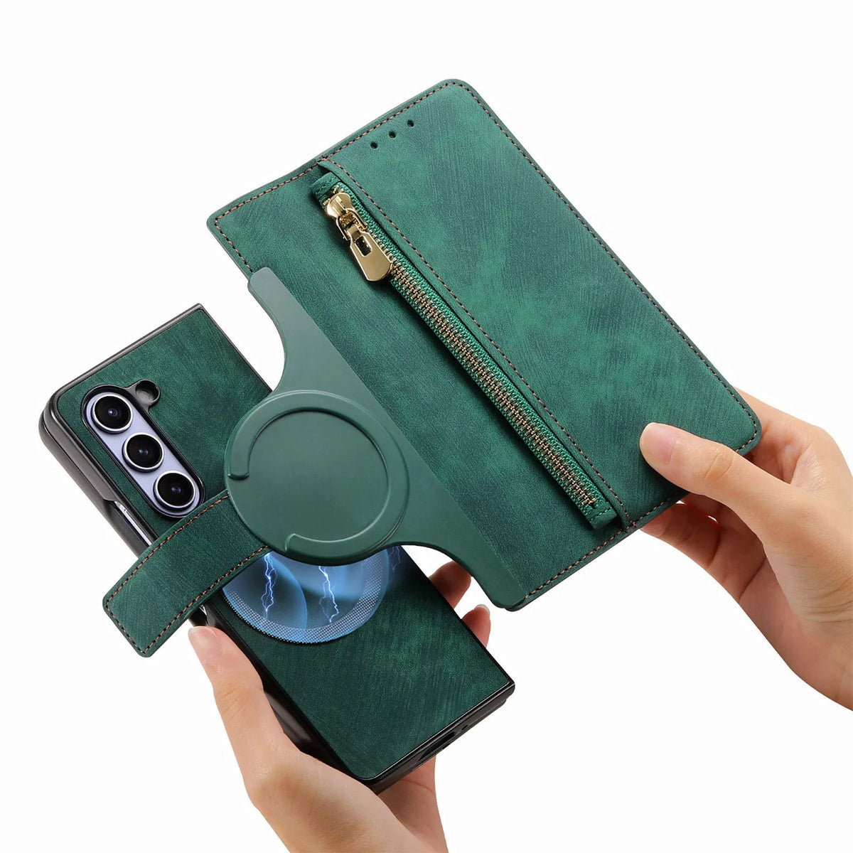 Magnetic detachable zipper insert phone case for Samsung Z Fold in imitation leather with card slot and bracket