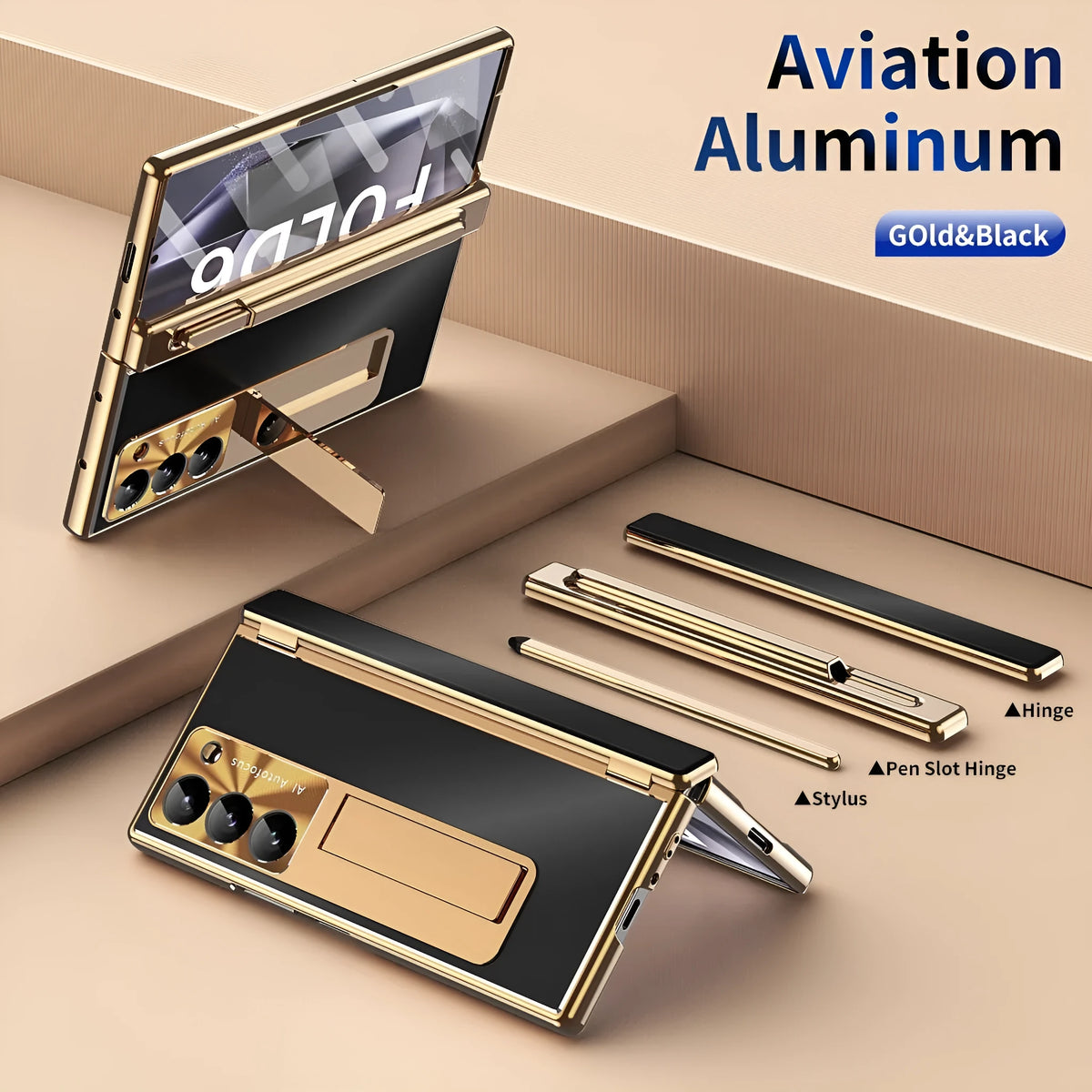 Aluminium alloy flip phone case for Samsung Z Fold 6 with magnetic closure and bracket, gold armour colour
