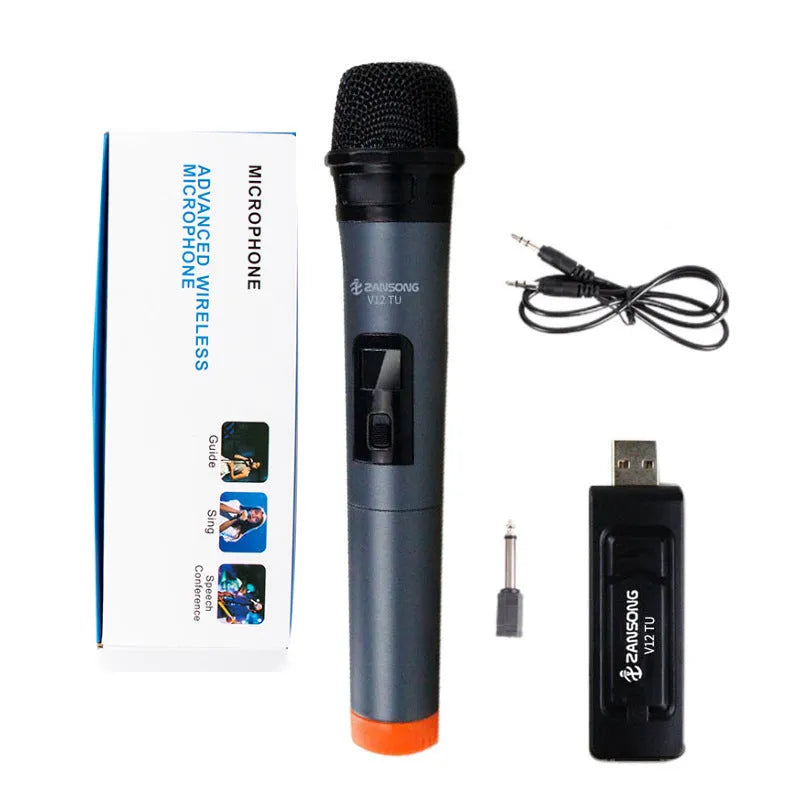Black ZanSong V12 handheld dynamic microphone with USB receiver, audio cable, and adapter.