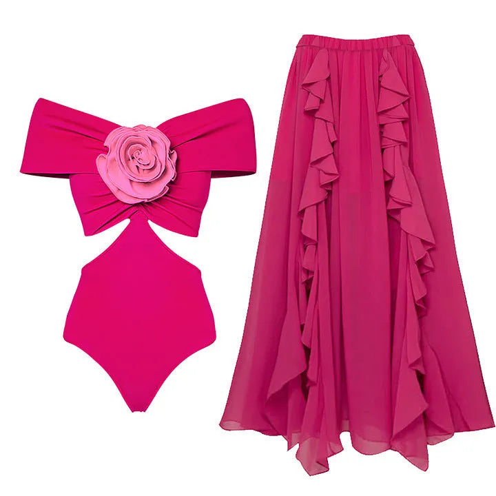 Women's one-piece swimsuit with hollow-out flower pattern and a matching skirt on a hanger.