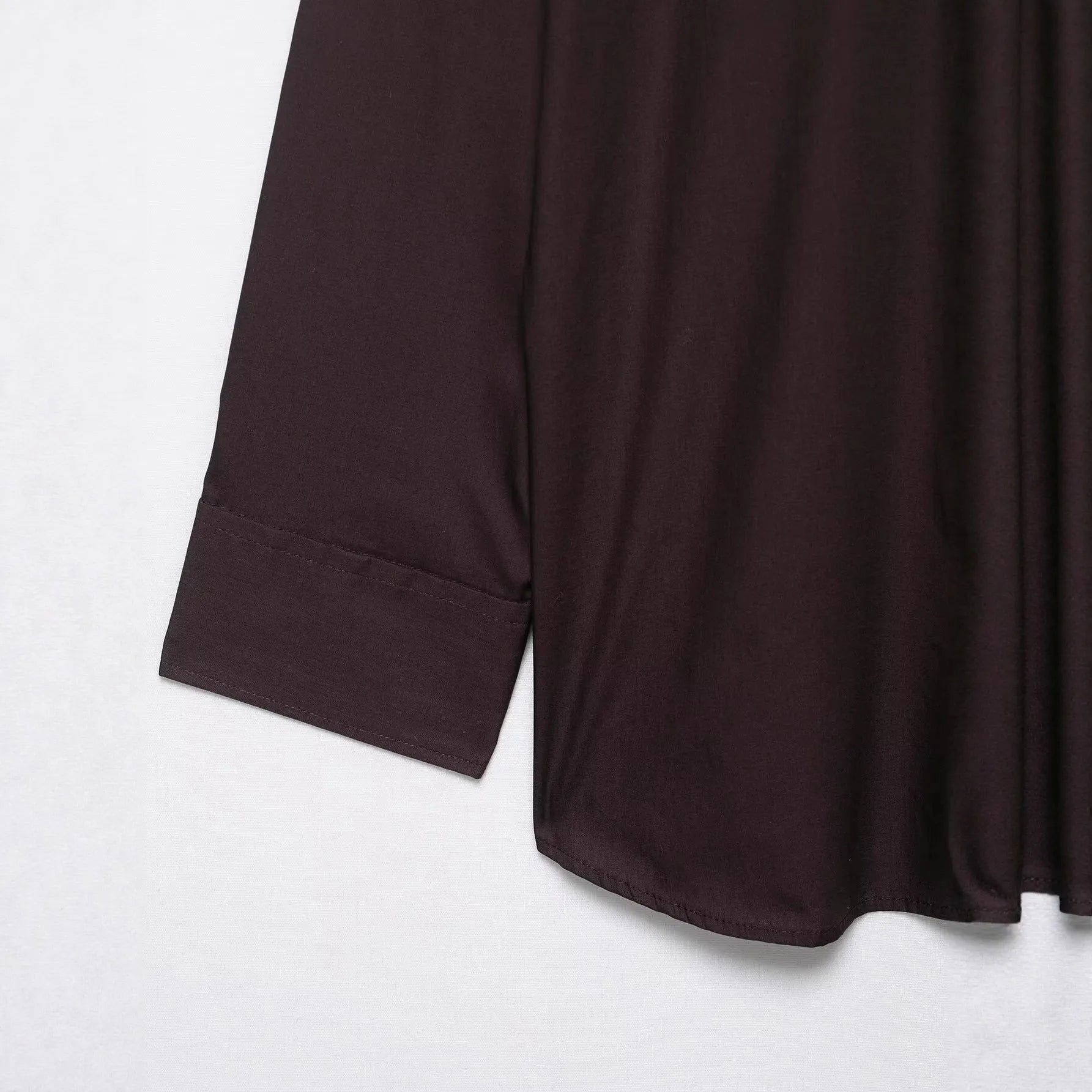 Brown women's poplin shirt with integrated bow tie scarf, cardigan style with long sleeves