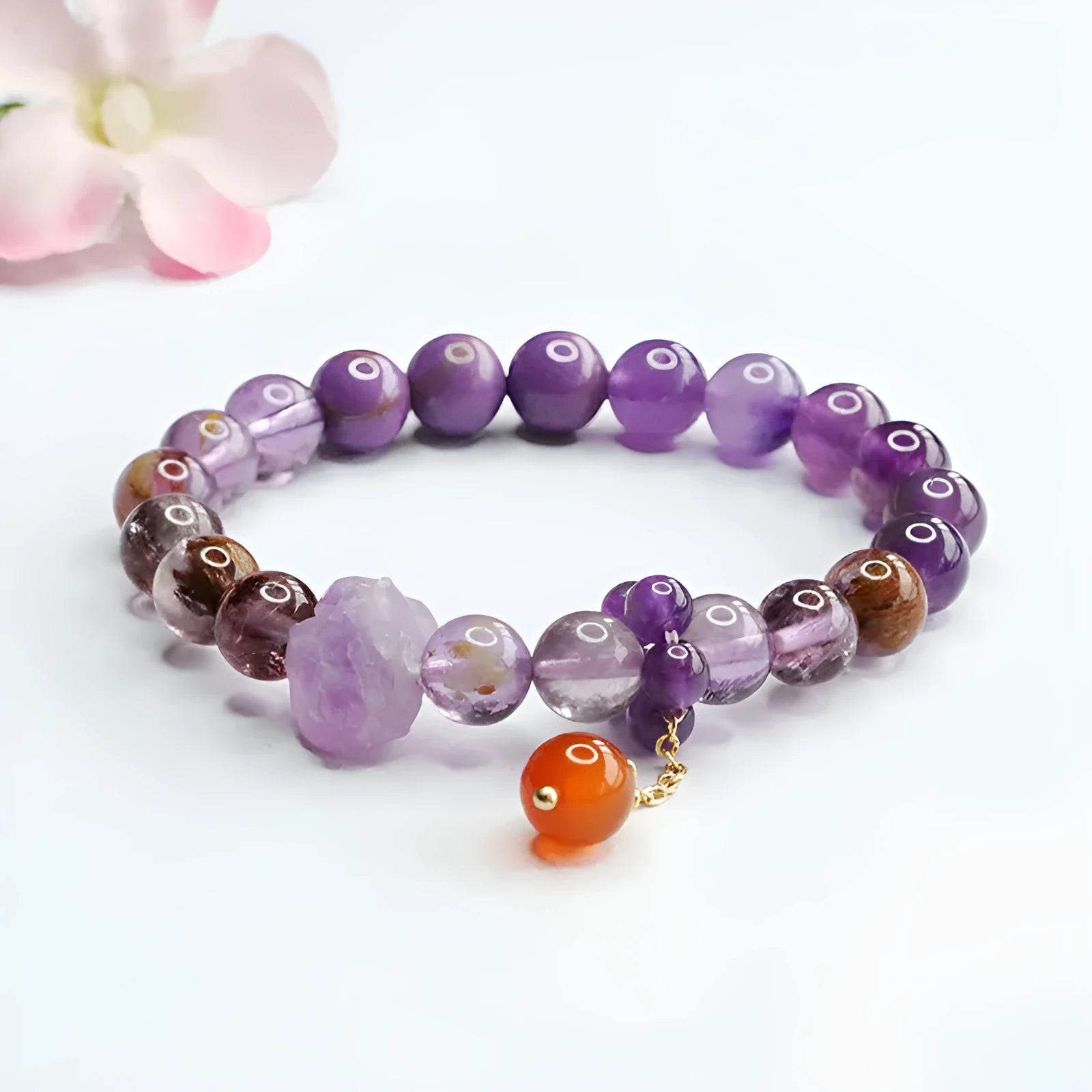 Natural purple amethyst and red agate crystal bracelet in Mori style design