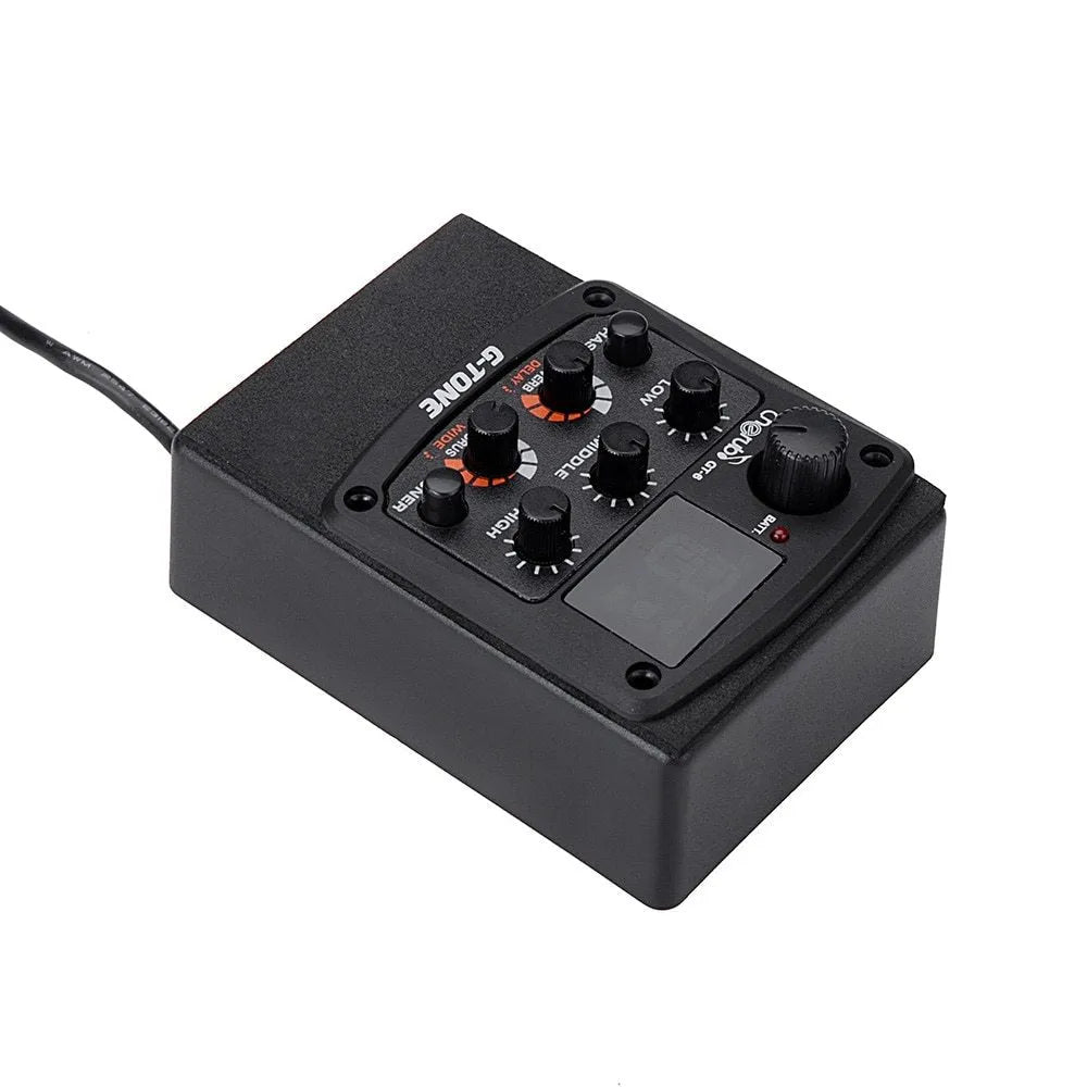 Cherub GT-6 black acoustic guitar soundhole pickup unit with EQ and effects knobs.