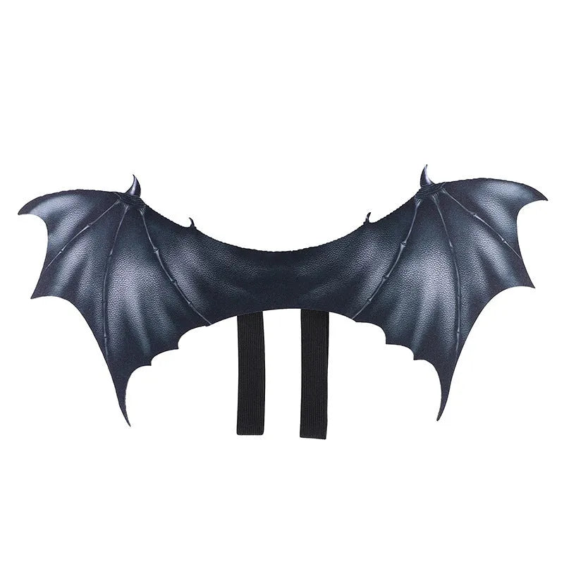 Black bat wings Halloween costume for pets shown in three sizes for dogs and cats