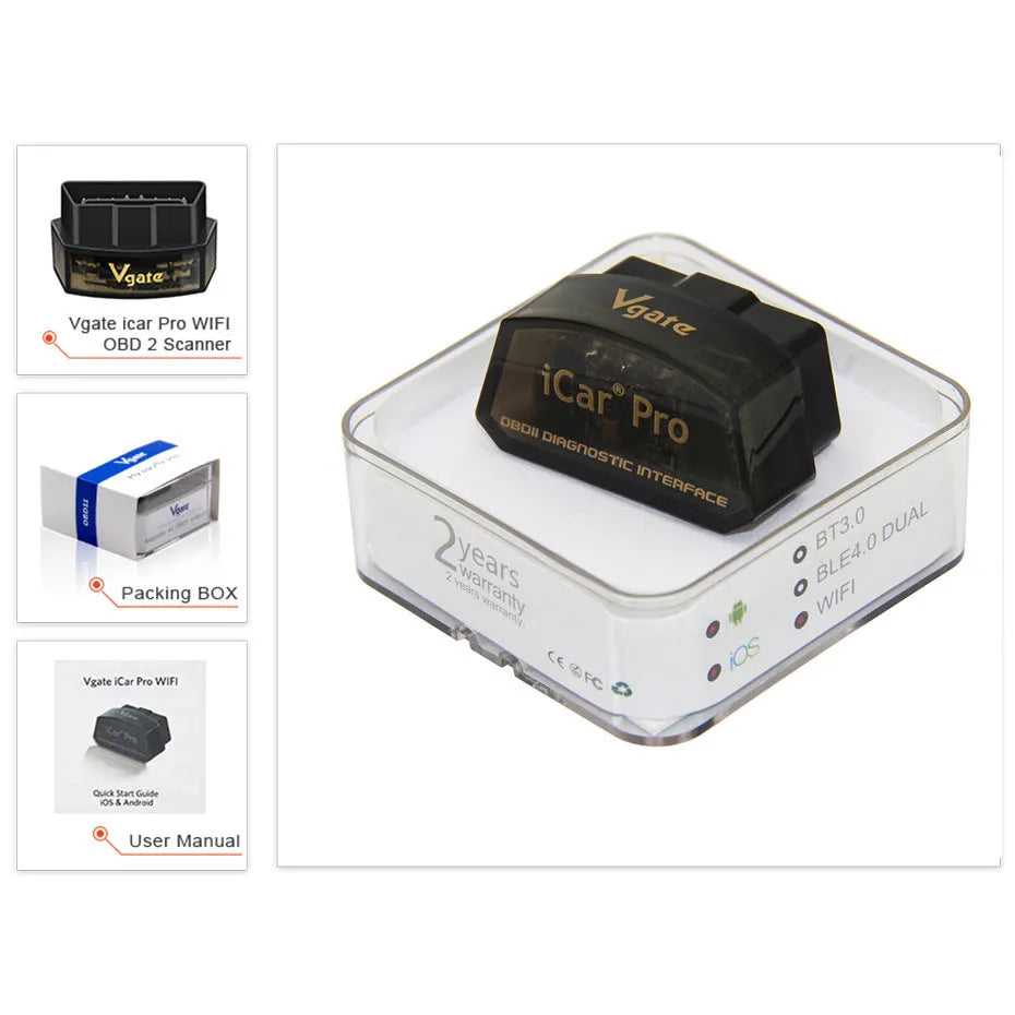 Black Vgate iCar Pro V2.2 OBDII Bluetooth adapter with user manual
