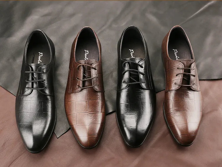 Men's black cowhide leather derby shoes with pointed toe and rubber sole for business dress