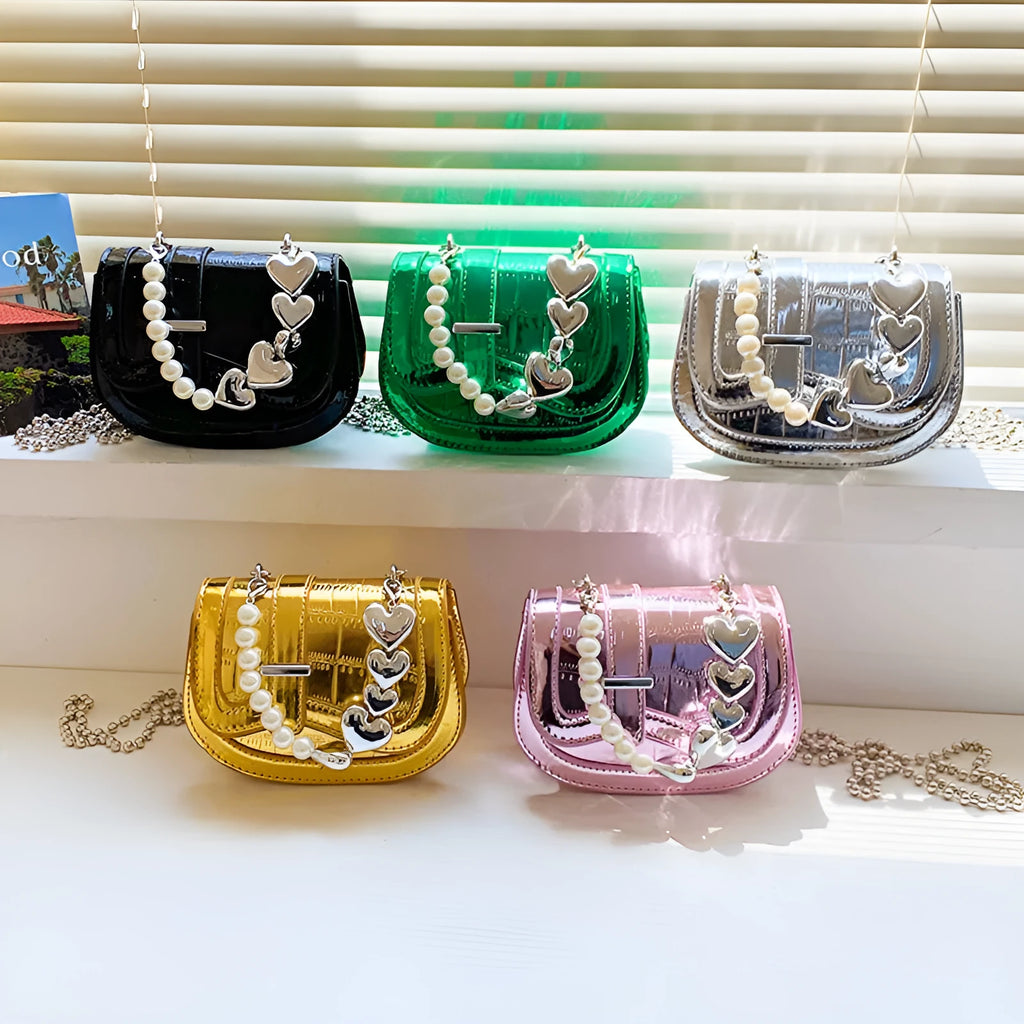 Silver laser pearl tote saddle girl mini crossbody bag with single strap and mobile phone pocket