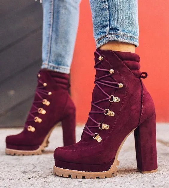 Women's suede high heel ankle boots in army green with thick heel and round toe.