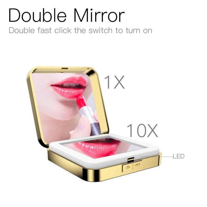 Black and white lighted vanity makeup mirror showing dual-sided design with magnification and adjustable colour temperature dial.
