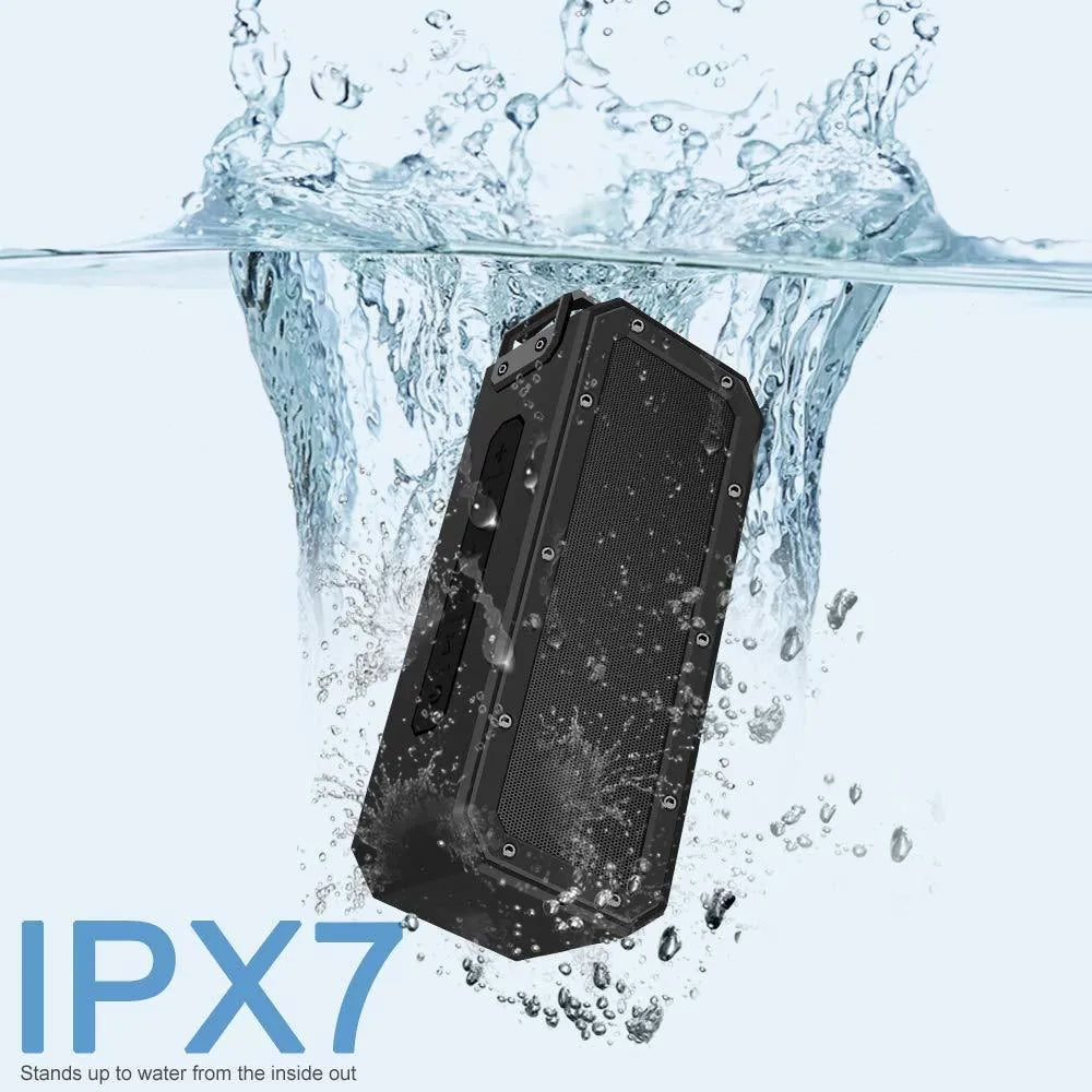 Black or blue waterproof portable Bluetooth speaker with carrying rope, showing front speaker grille and control buttons