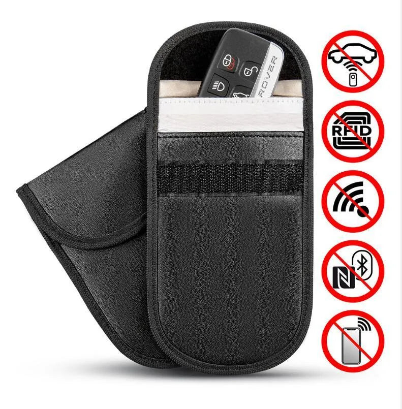 Black microfiber Faraday cage pouch for blocking car key and RFID signals.