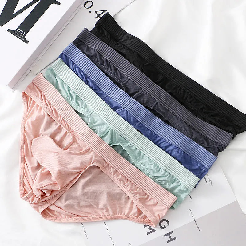 Men's Ice Silk low waist briefs in multiple colours showing lightweight nylon fabric construction