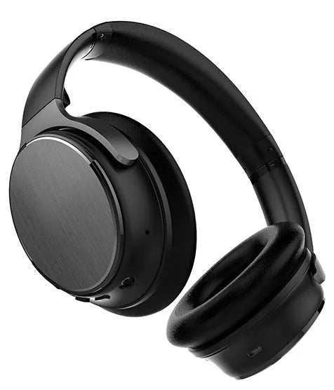 Black wireless noise reduction Bluetooth headset with aptX, 10m range, and included 3.5mm audio cable.