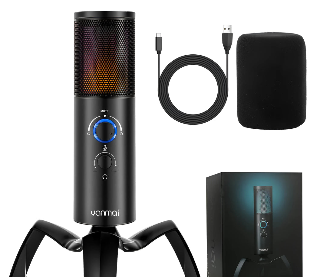 Black Q18 directional condenser microphone with RGB lighting on adjustable tripod