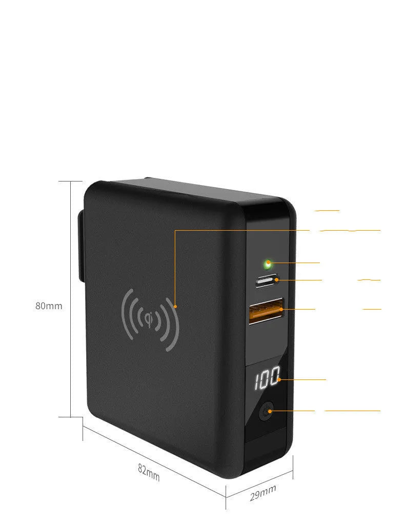 Black and white wireless charging power bank with foldable plug and set of four international travel adapter heads