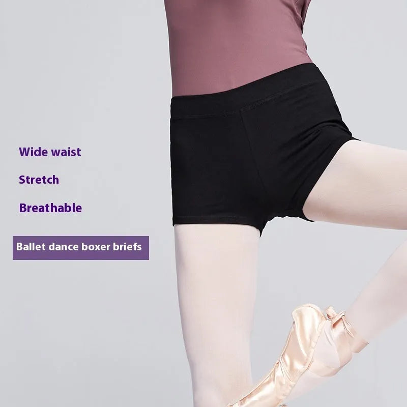 Black women's cotton dance shorts for ballet practice and fitness.