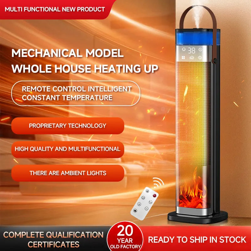 Tall, slim vertical heater with remote control and voice command function for room humidification and heating.