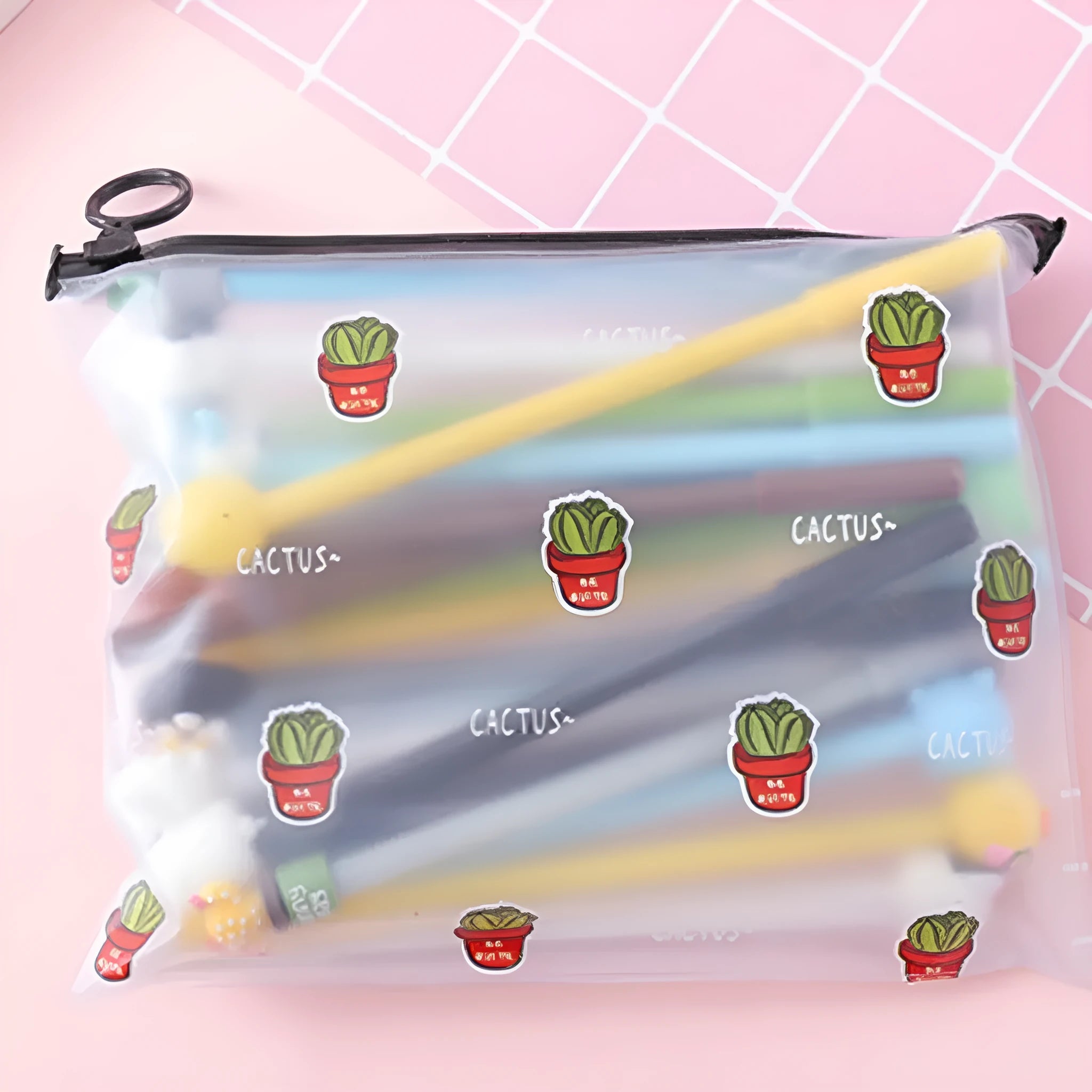 Marvel cactus cartoon pen set showing 20 colourful 0.5mm black ink pens in plastic carrying case