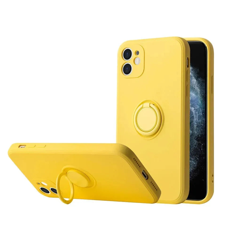 Liquid silicone iPhone 12 case with integrated ring bracket in assorted colours.