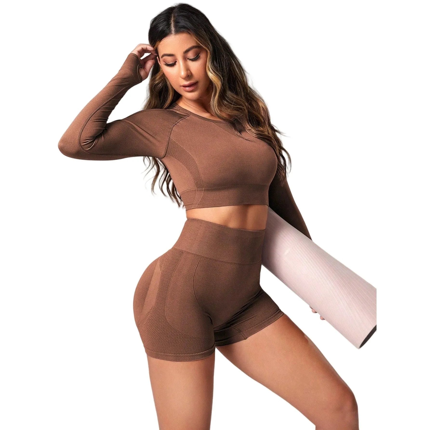 Women's black high waist yoga suit set with long sleeve top and trousers for fitness