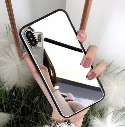 Black iPhone back cover case with a reflective mirror surface on the back, compatible with iPhone 7 Plus, 8 Plus, and X models.