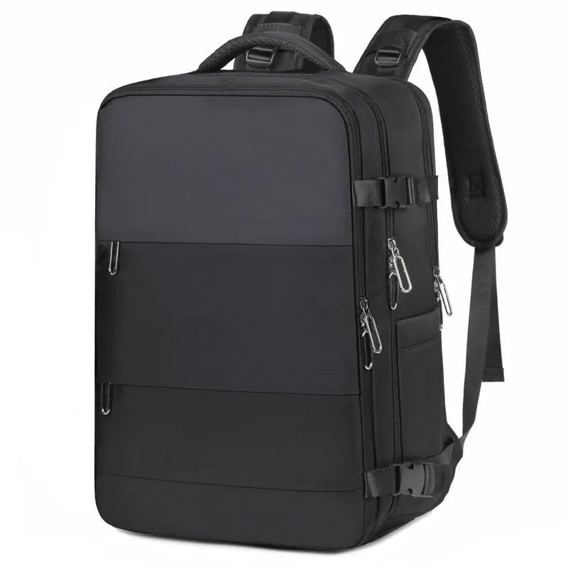 Large capacity travel backpack in purple with multiple compartments and air pillow belt system