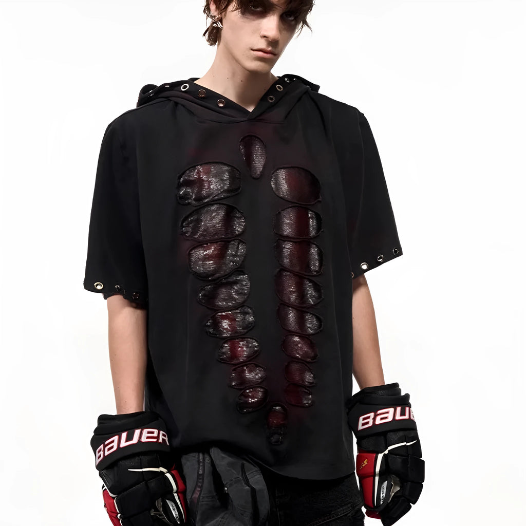 Black hooded men's t-shirt with sequin detailing in loose-fitting short-sleeve design