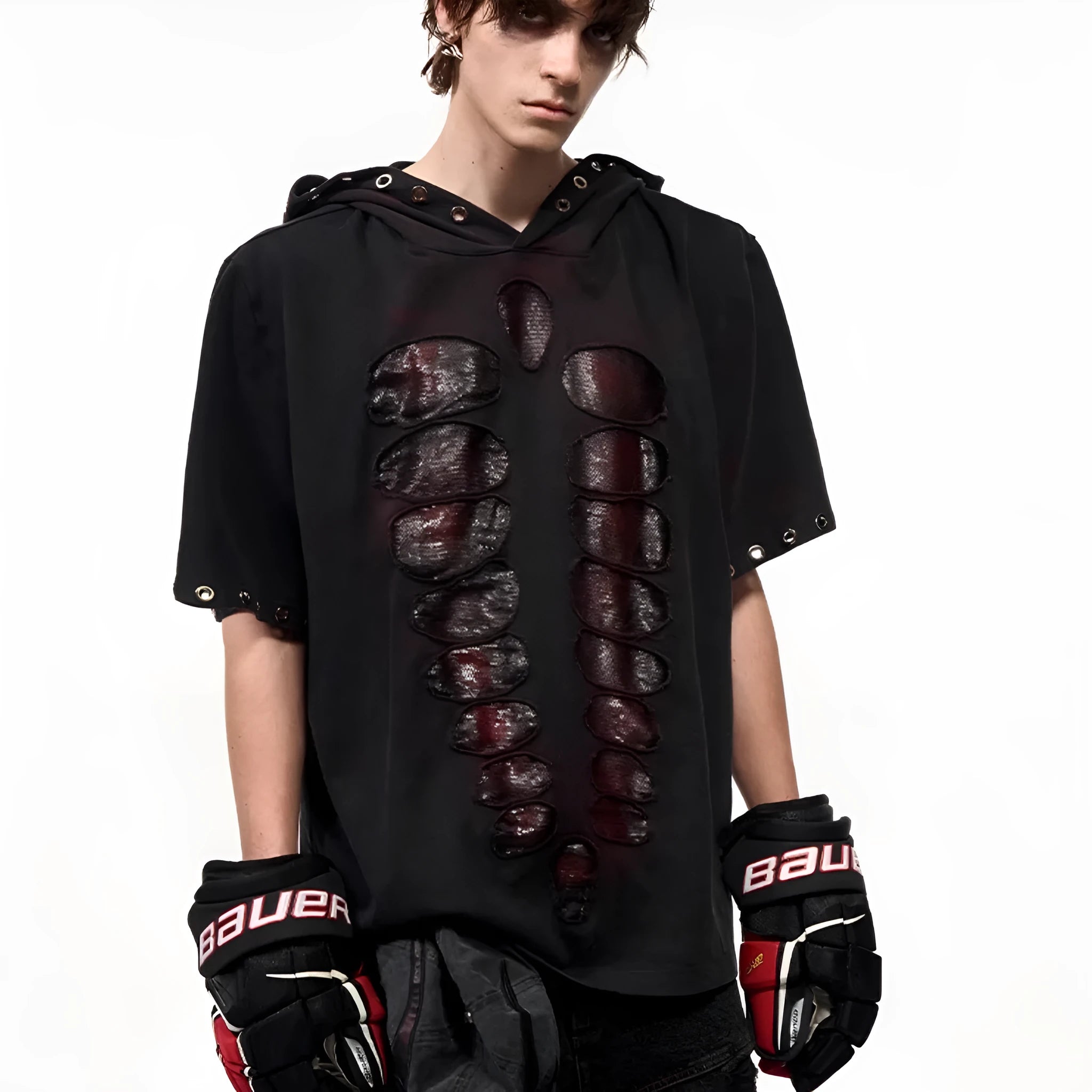 Black hooded men's t-shirt with sequin detailing in loose-fitting short-sleeve design