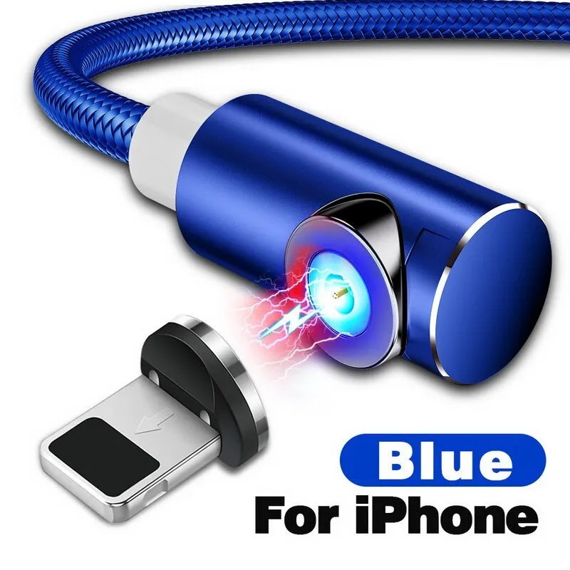 Black L-shaped magnetic charging cable with aluminium connector and LED light for mobile phones