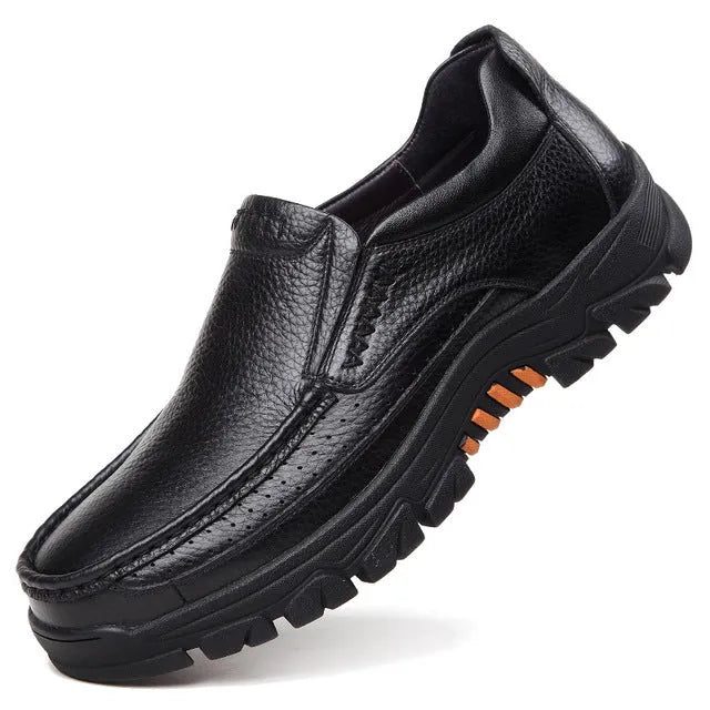 Men's black and brown business casual slip-on shoes with cowhide upper and rubber sole