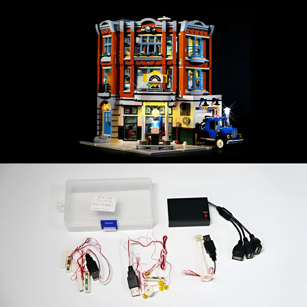 MOC modified LED lighting accessories kit with plastic components in various colours for model building projects.
