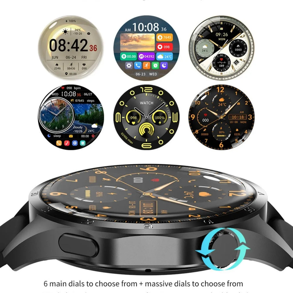 Black smartwatch with Bluetooth calling and health tracking features on a silicone strap.