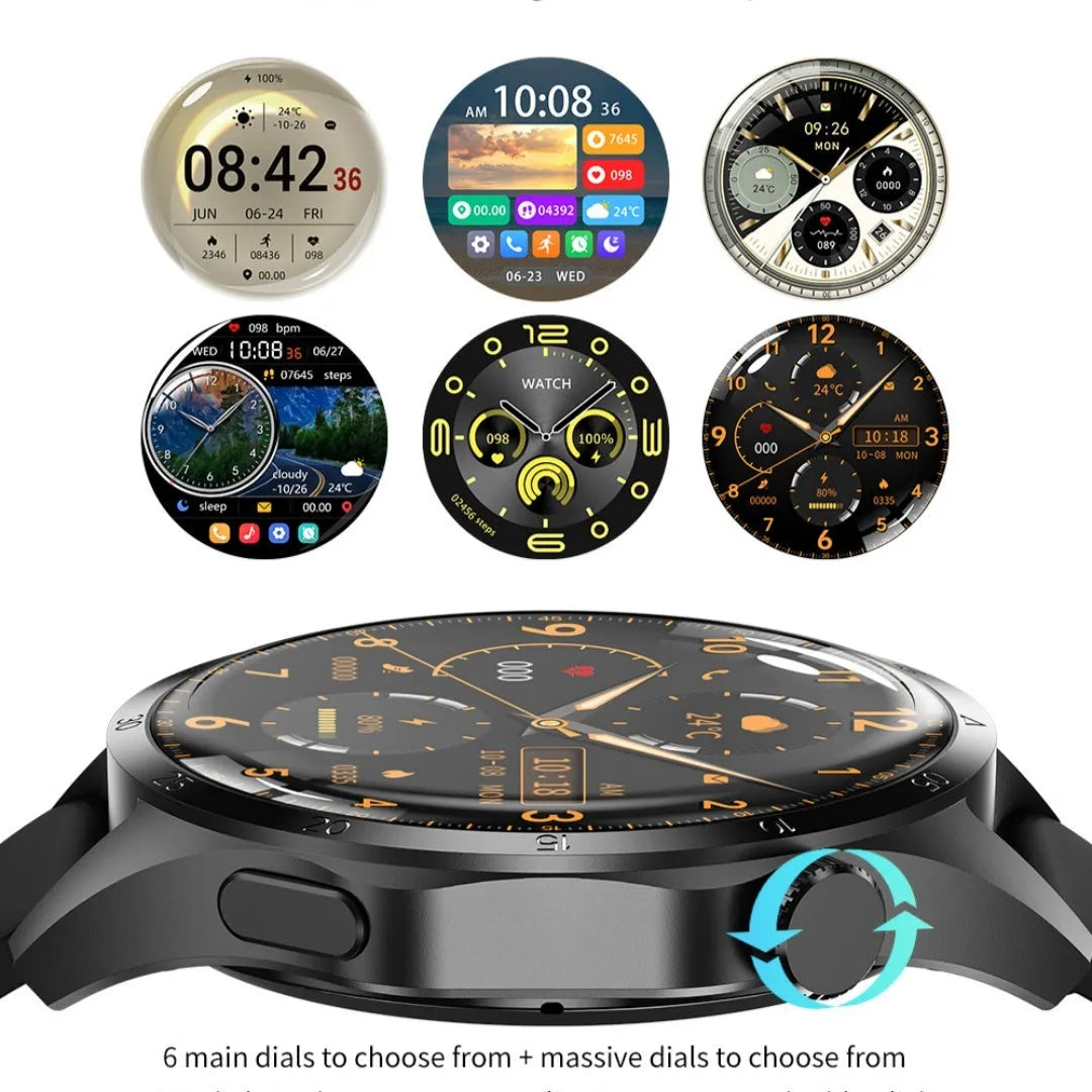 Black smartwatch with Bluetooth calling and health tracking features on a silicone strap.