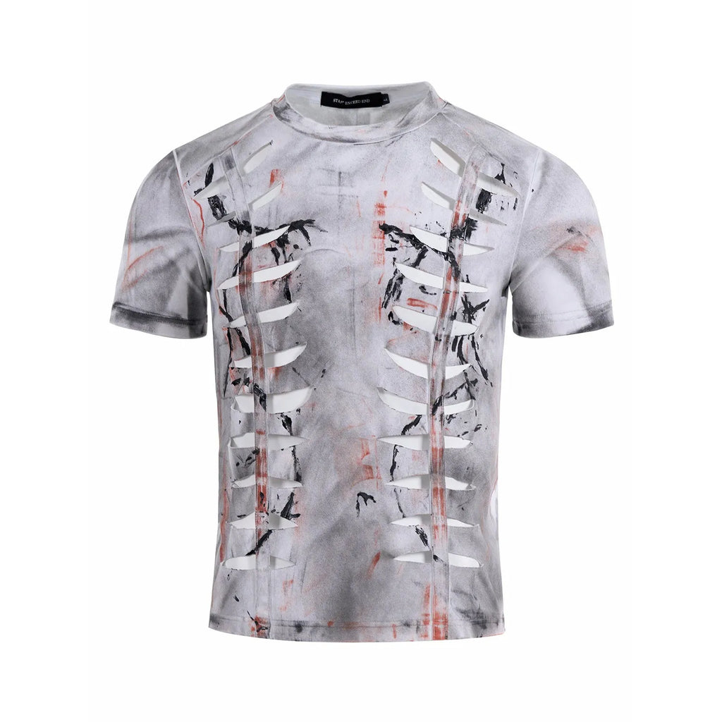 White men's tight t-shirt with hollow-out cut pattern on the front, short sleeves, and a round neck.