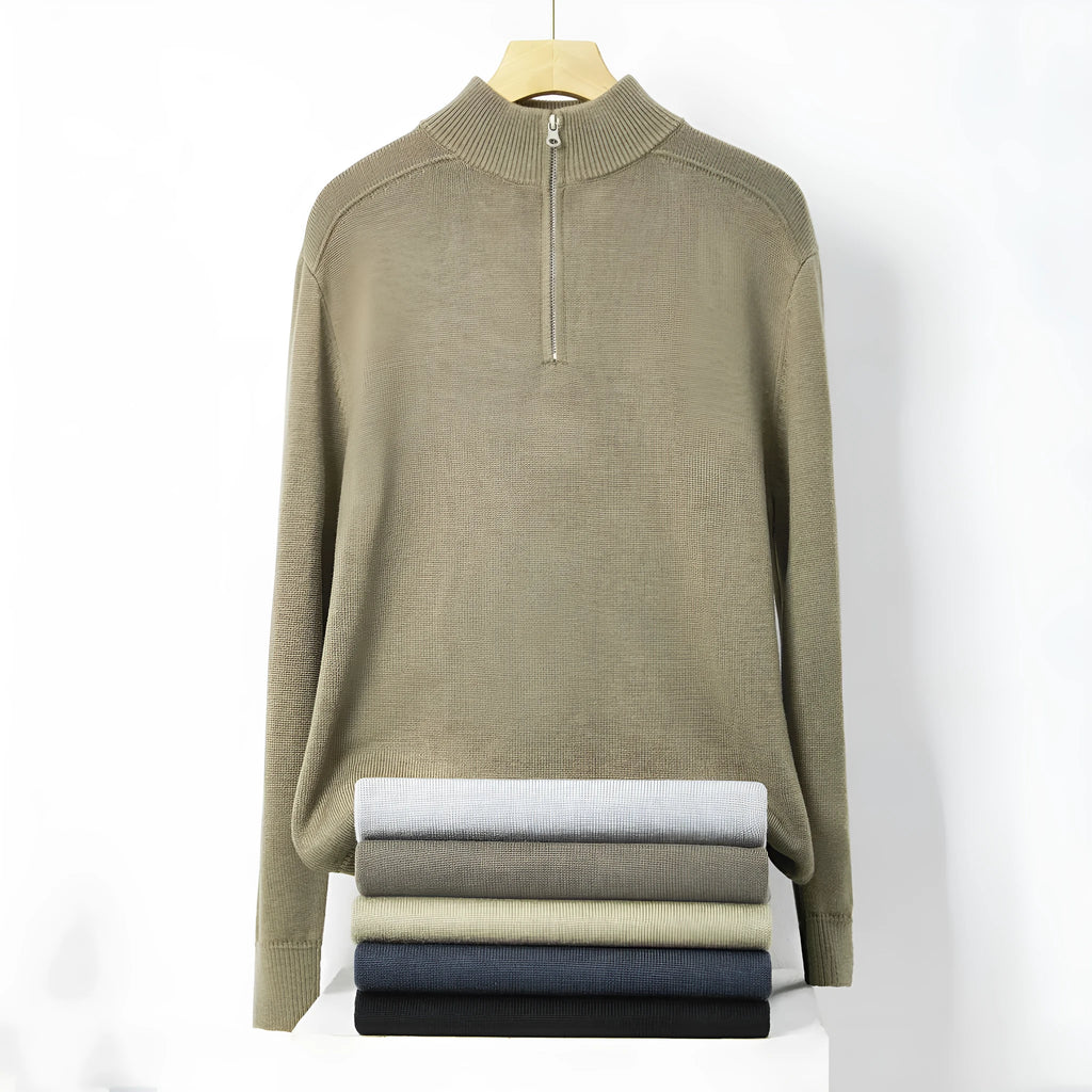 Men's slim-fit wool pullover sweater in a stone sand colour, showing long sleeves and casual style.