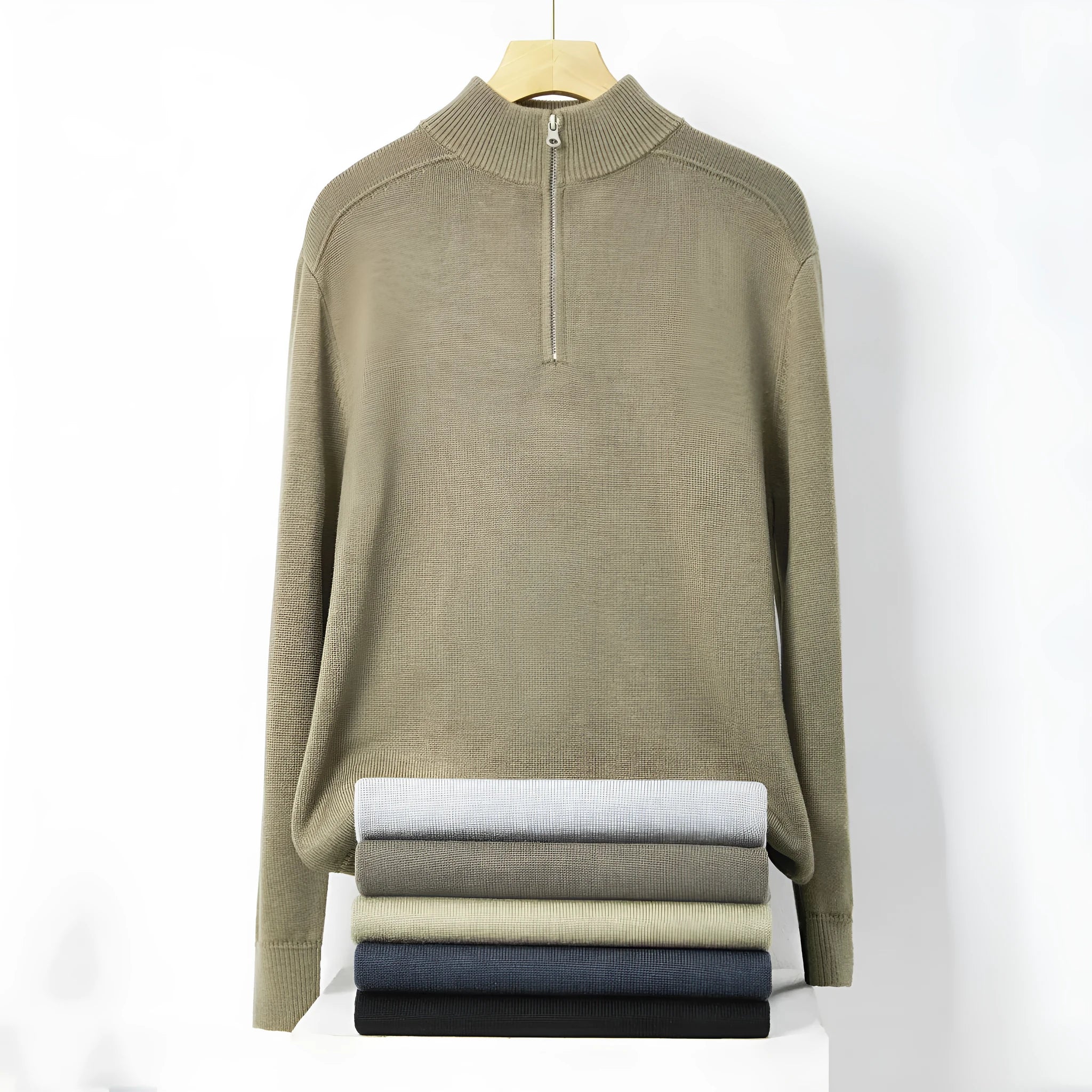 Men's slim-fit wool pullover sweater in a stone sand colour, showing long sleeves and casual style.